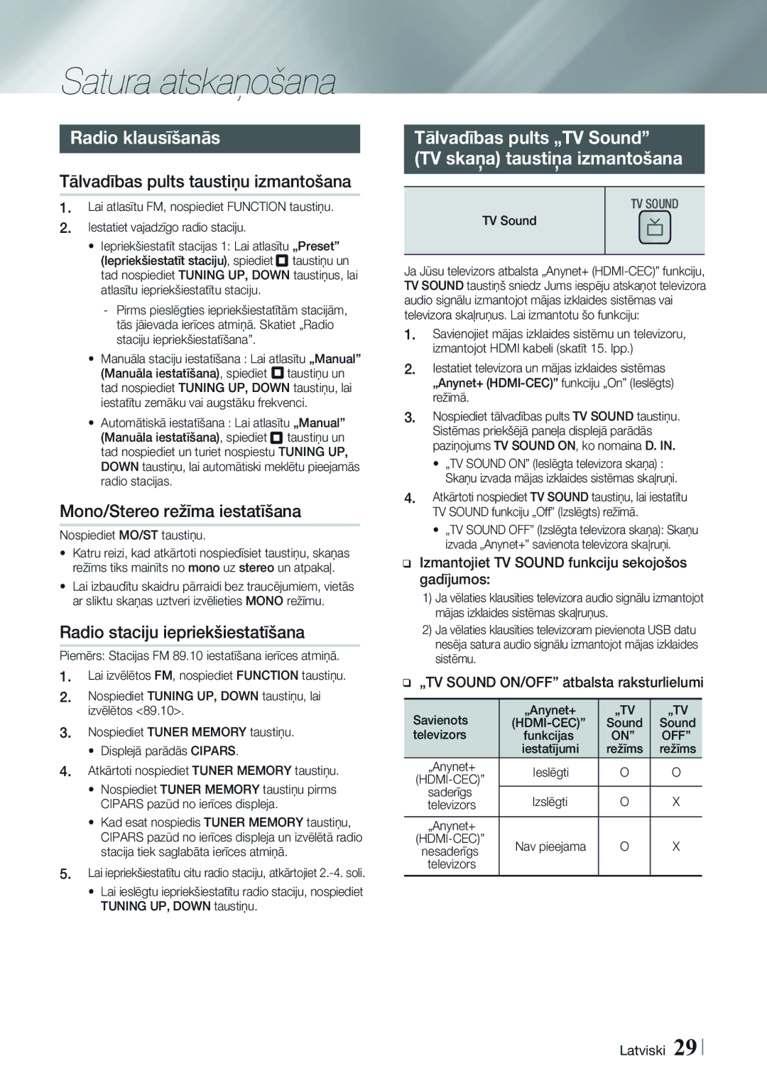 Samsung HT-H4550R/EN manual Radio klausīšanās, Tālvadības pults taustiņu izmantošana, Mono/Stereo režīma iestatīšana 