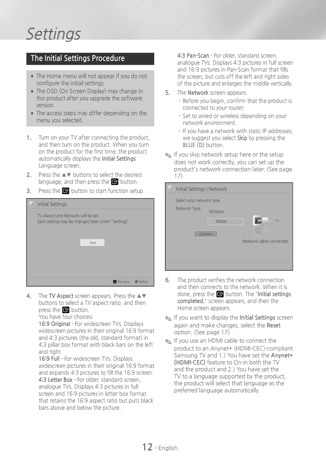 Samsung HT-H5200 Initial Settings Procedure, Press the v button to start function setup, Initial Settings Network 