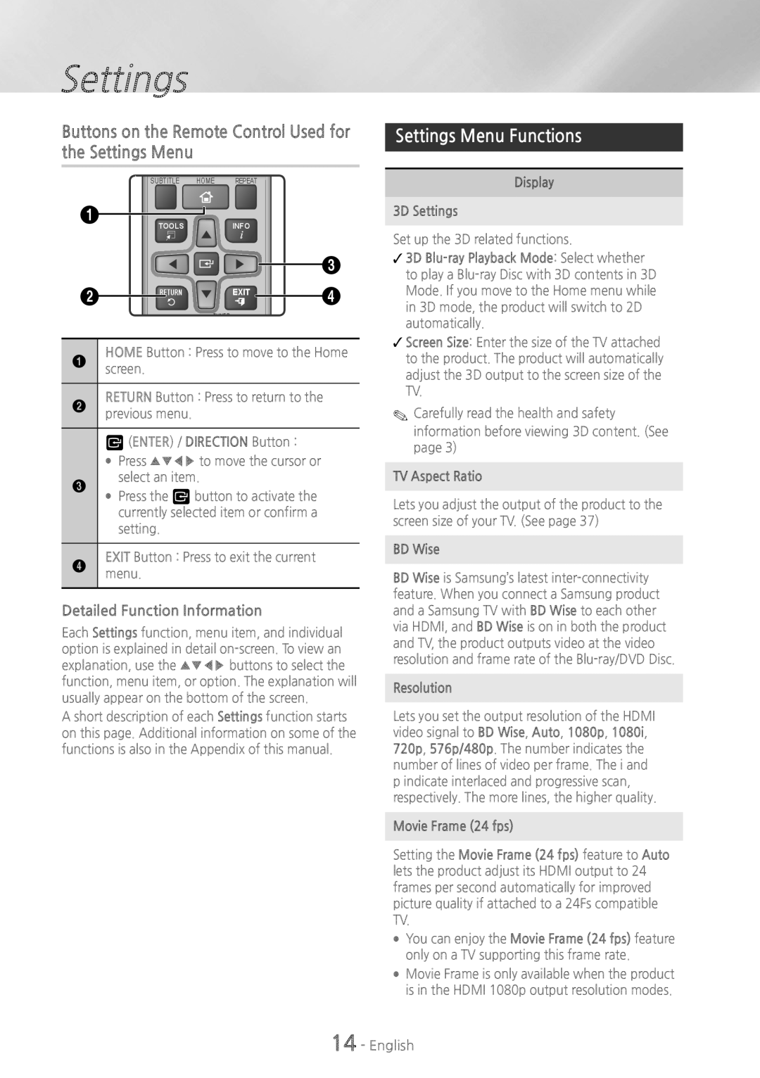 Samsung HT-H5200, HT-HS5200 user manual Buttons on the Remote Control Used for the Settings Menu, Settings Menu Functions 