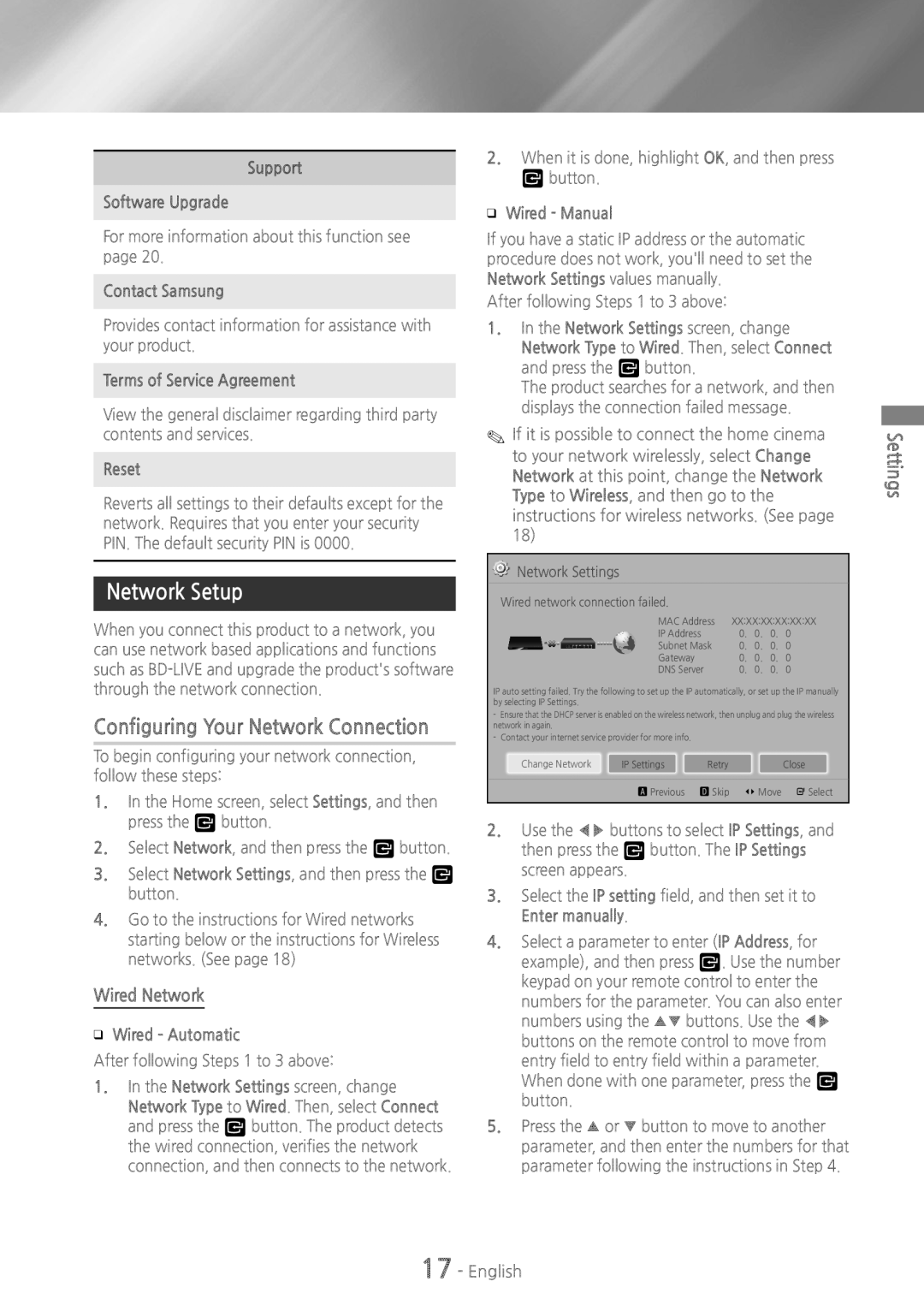 Samsung HT-HS5200, HT-H5200 user manual Network Setup, Wired Network 