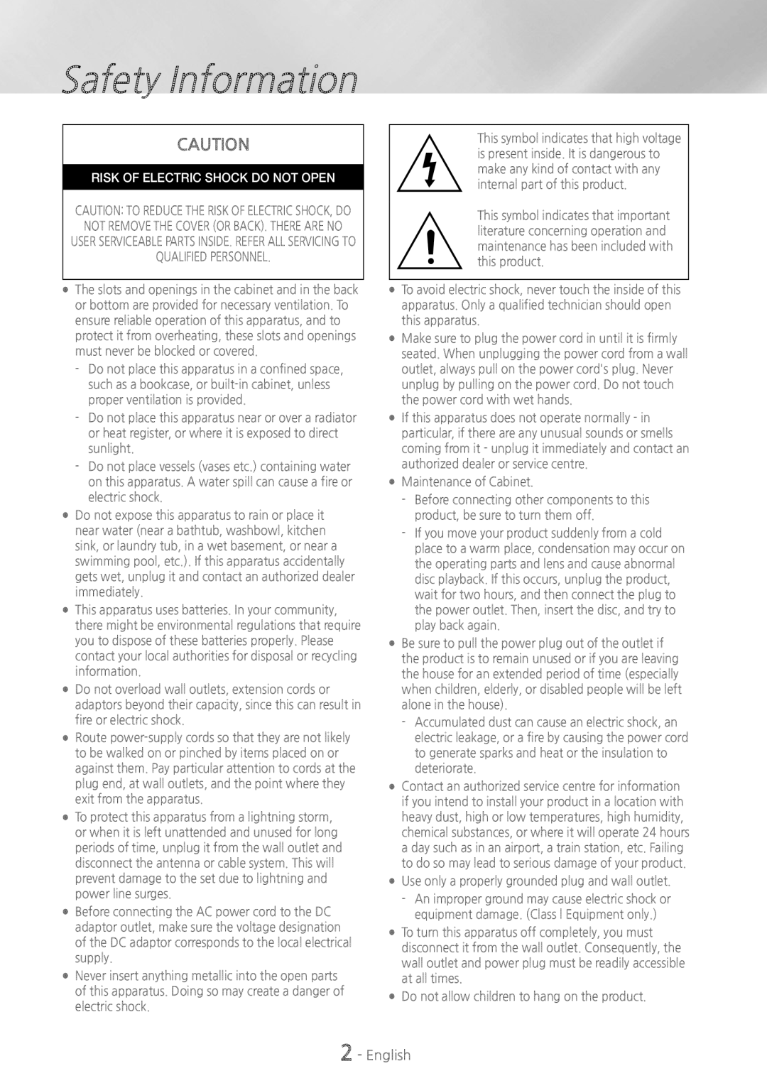 Samsung HT-H5200, HT-HS5200 user manual Safety Information, English, Use only a properly grounded plug and wall outlet 