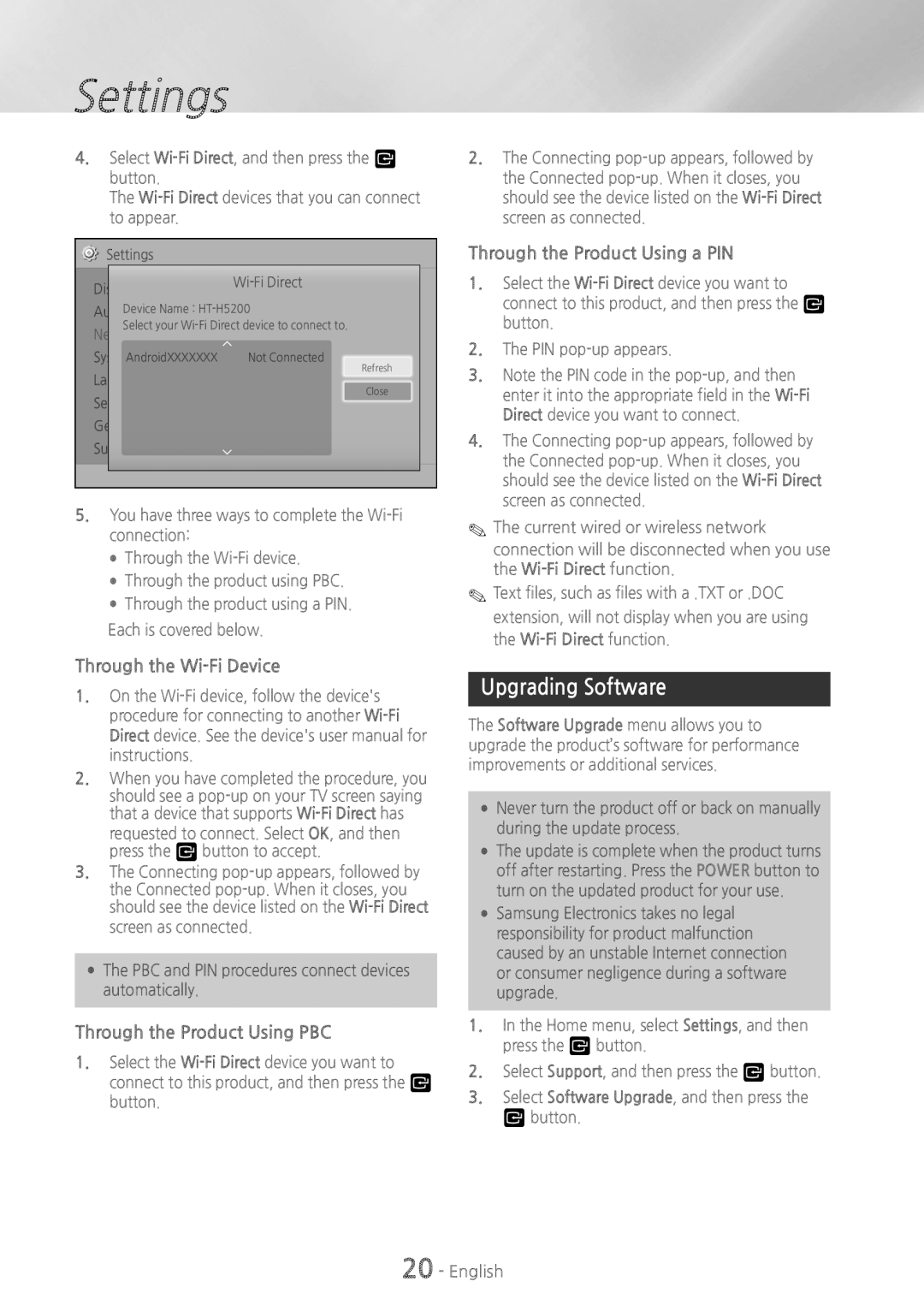 Samsung HT-H5200, HT-HS5200 user manual Upgrading Software, Through the Wi-Fi Device, Through the Product Using PBC 