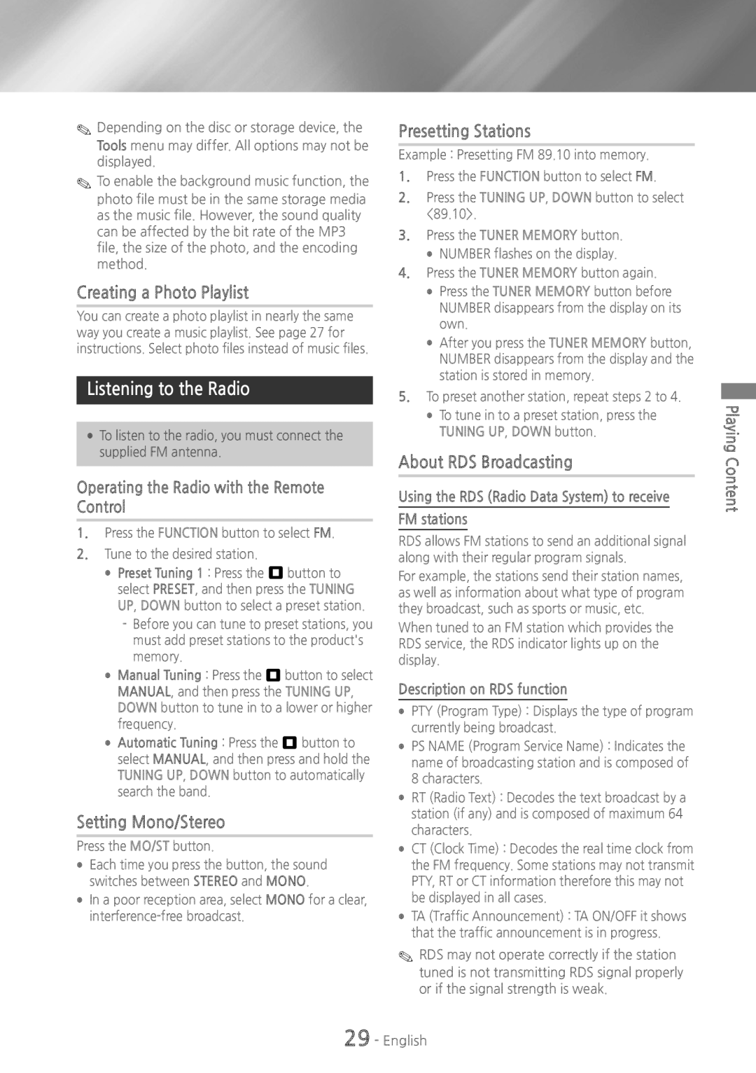 Samsung HT-HS5200, HT-H5200 Creating a Photo Playlist, Listening to the Radio, Presetting Stations, About RDS Broadcasting 