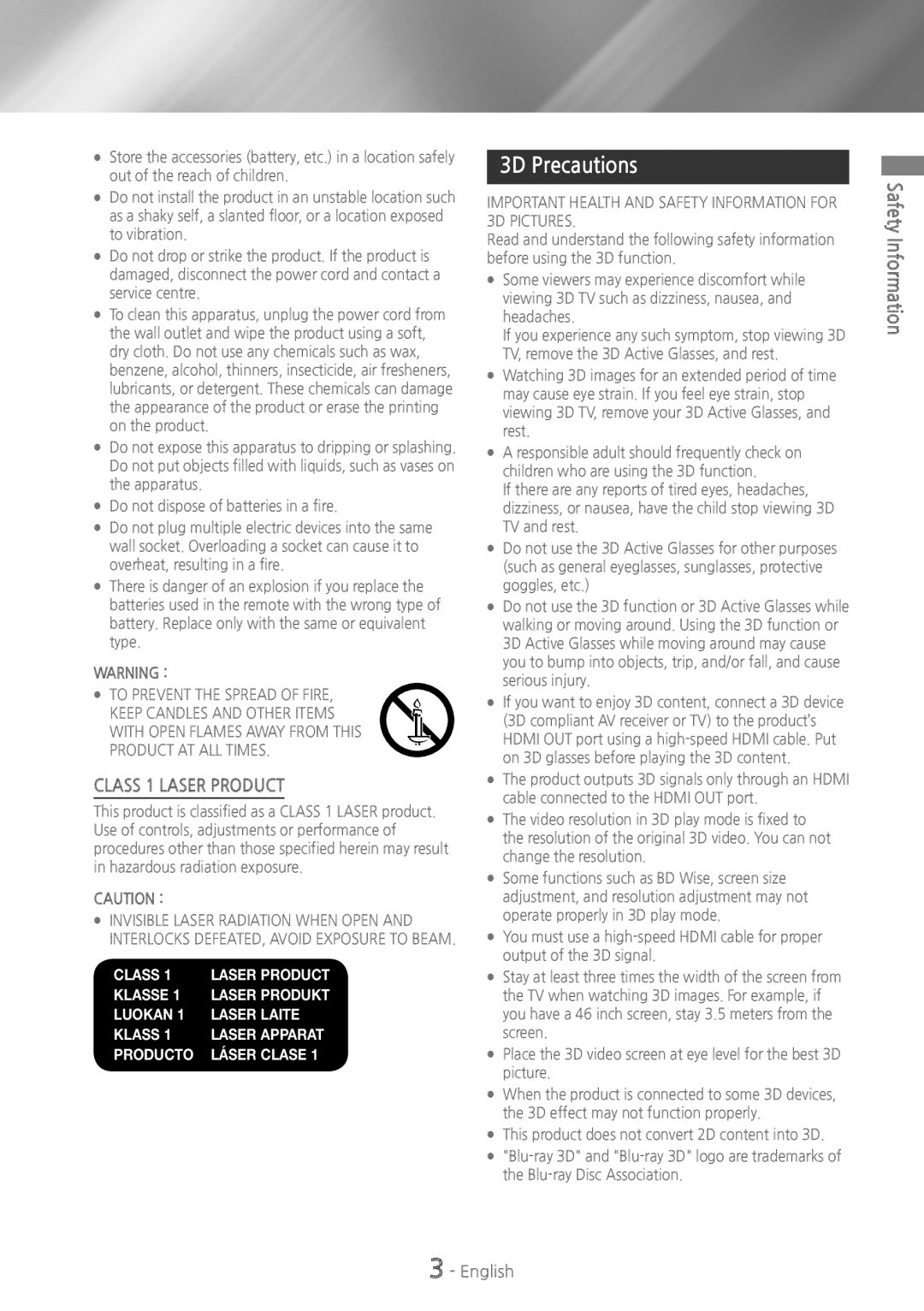 Samsung HT-HS5200, HT-H5200 user manual 3D Precautions, Safety Information 