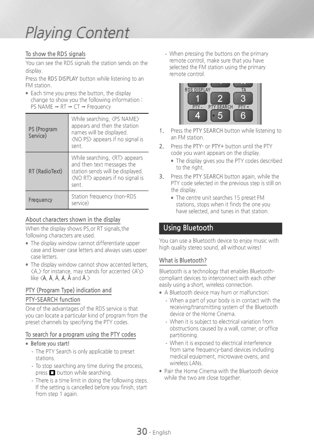 Samsung HT-H5200 Using Bluetooth, To show the RDS signals, About characters shown in the display, What is Bluetooth? 