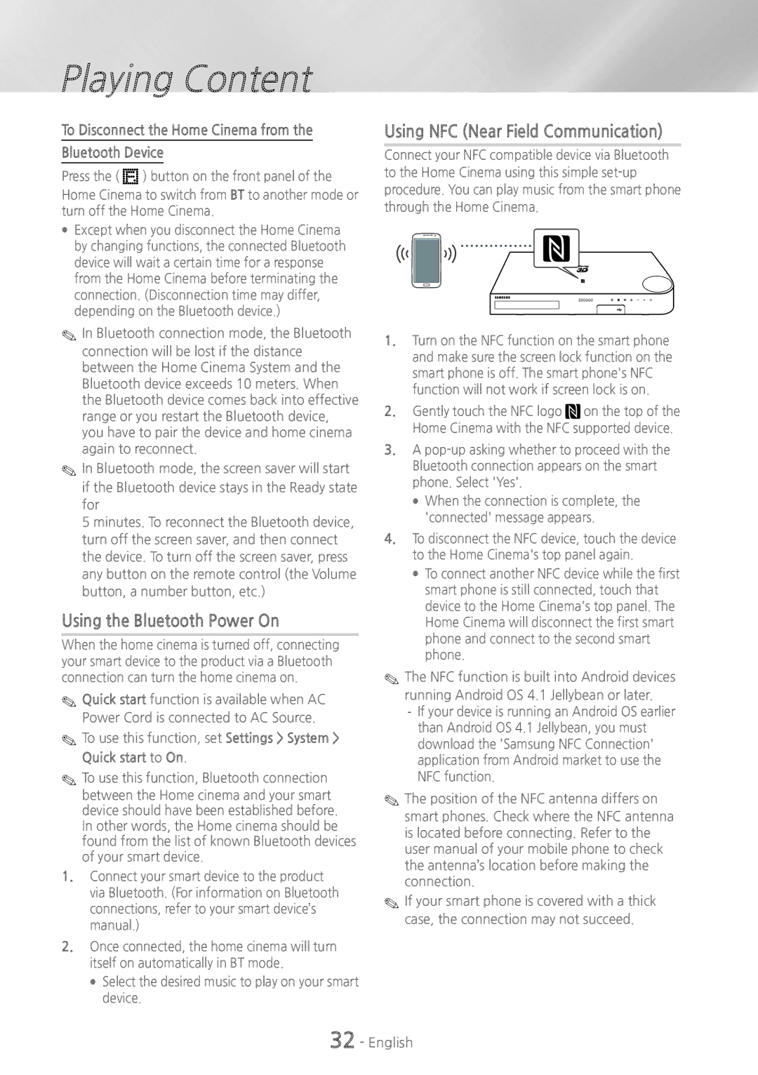 Samsung HT-H5200, HT-HS5200 user manual Using NFC Near Field Communication, Using the Bluetooth Power On, Quick start to On 