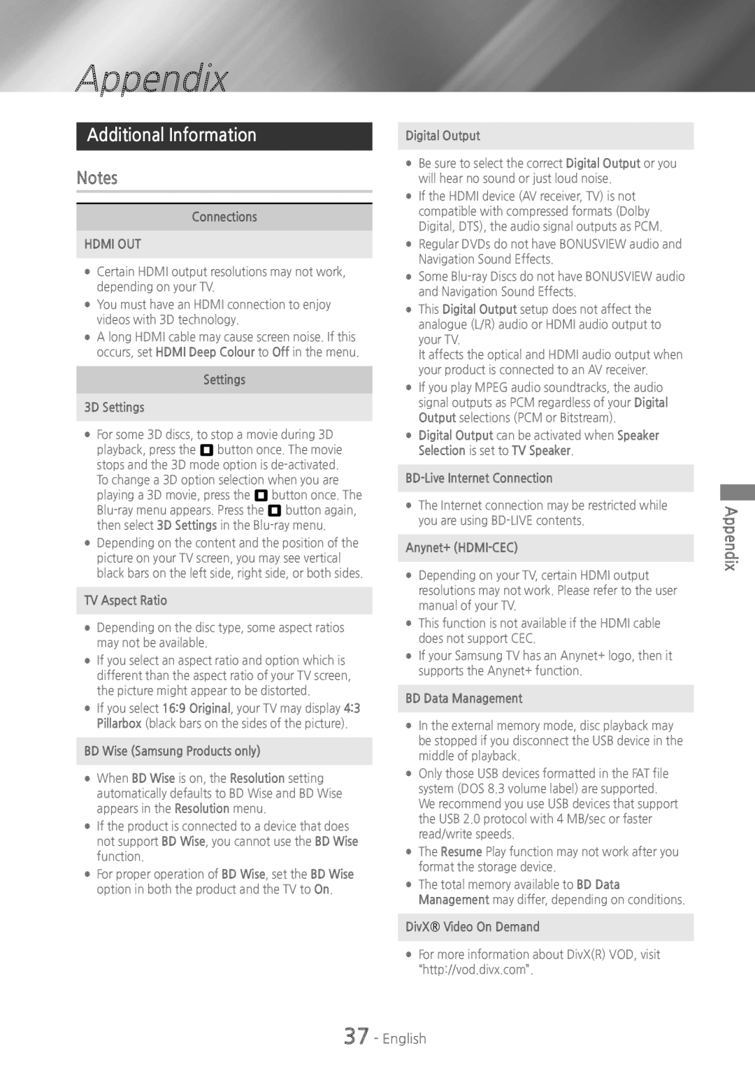 Samsung HT-HS5200, HT-H5200 user manual Appendix, Additional Information 