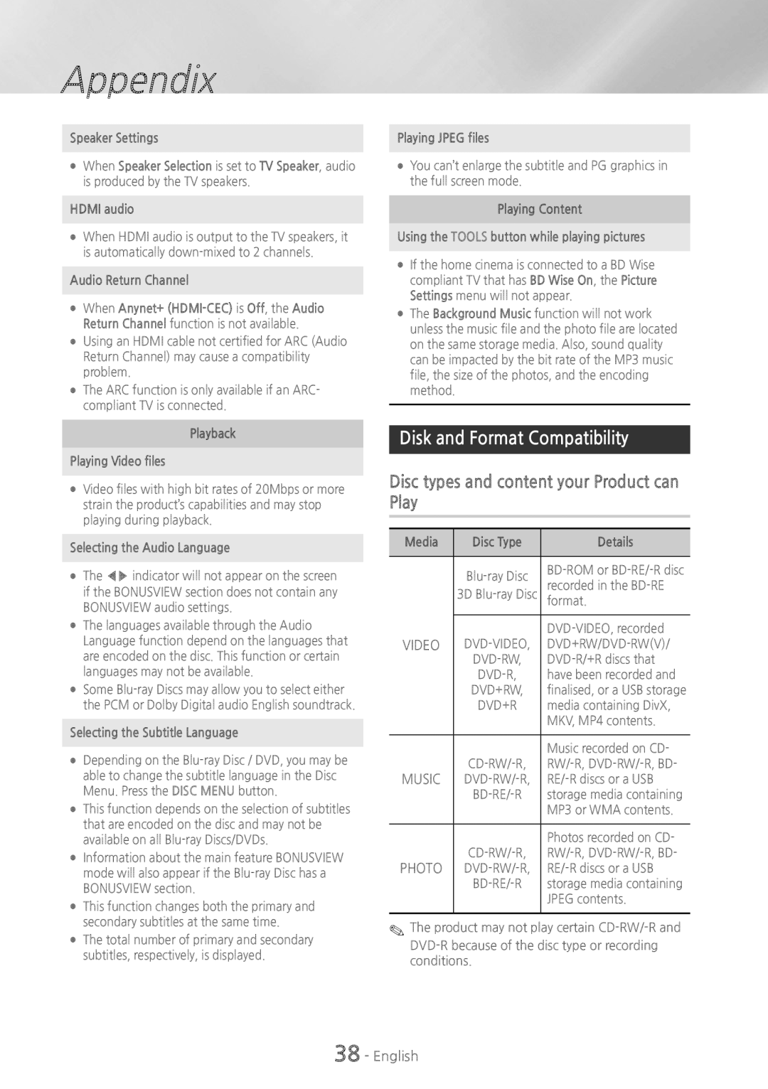 Samsung HT-H5200, HT-HS5200 user manual Disk and Format Compatibility, Disc types and content your Product can Play 