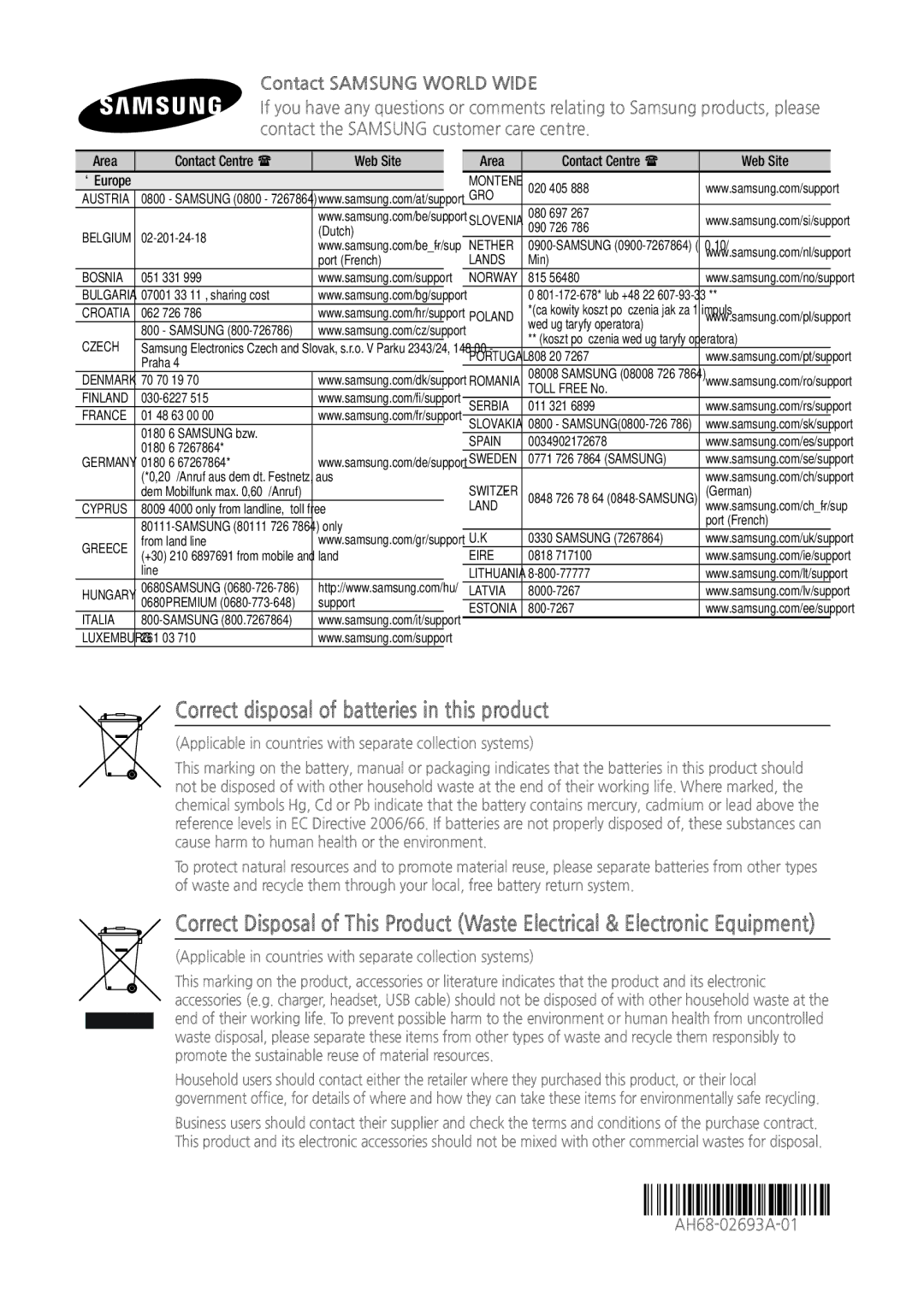 Samsung HT-H5200, HT-HS5200 Correct disposal of batteries in this product, Contact Samsung World Wide, AH68-02693A-01 