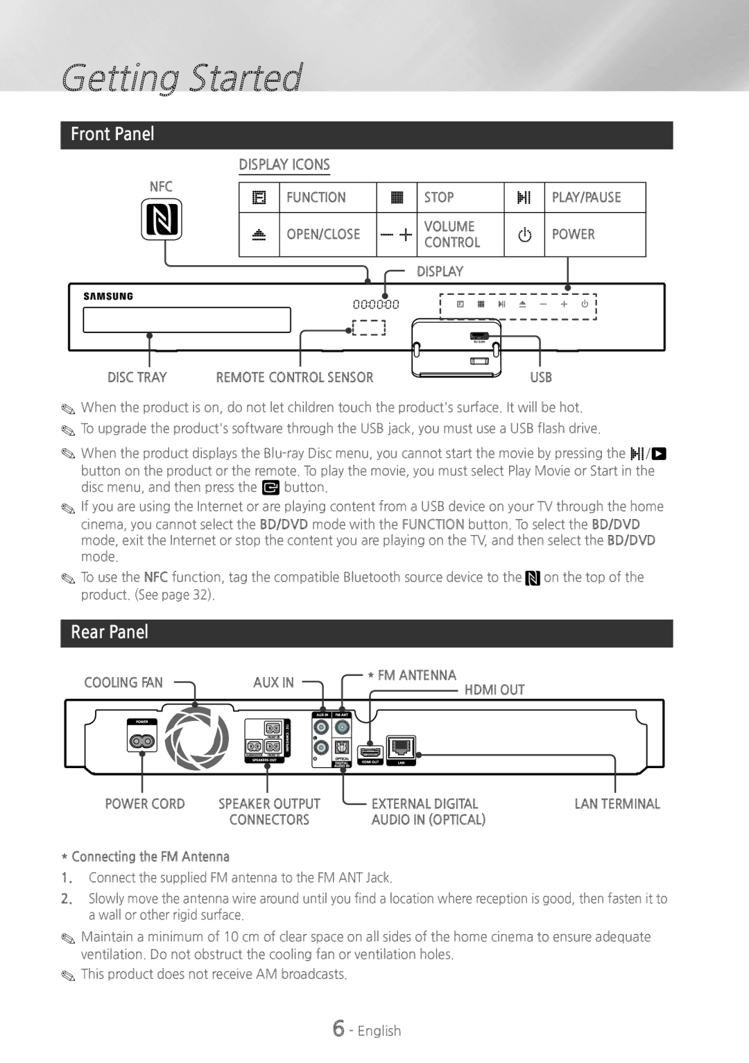 Samsung HT-H5200, HT-HS5200 user manual Front Panel, Rear Panel, Connecting the FM Antenna 