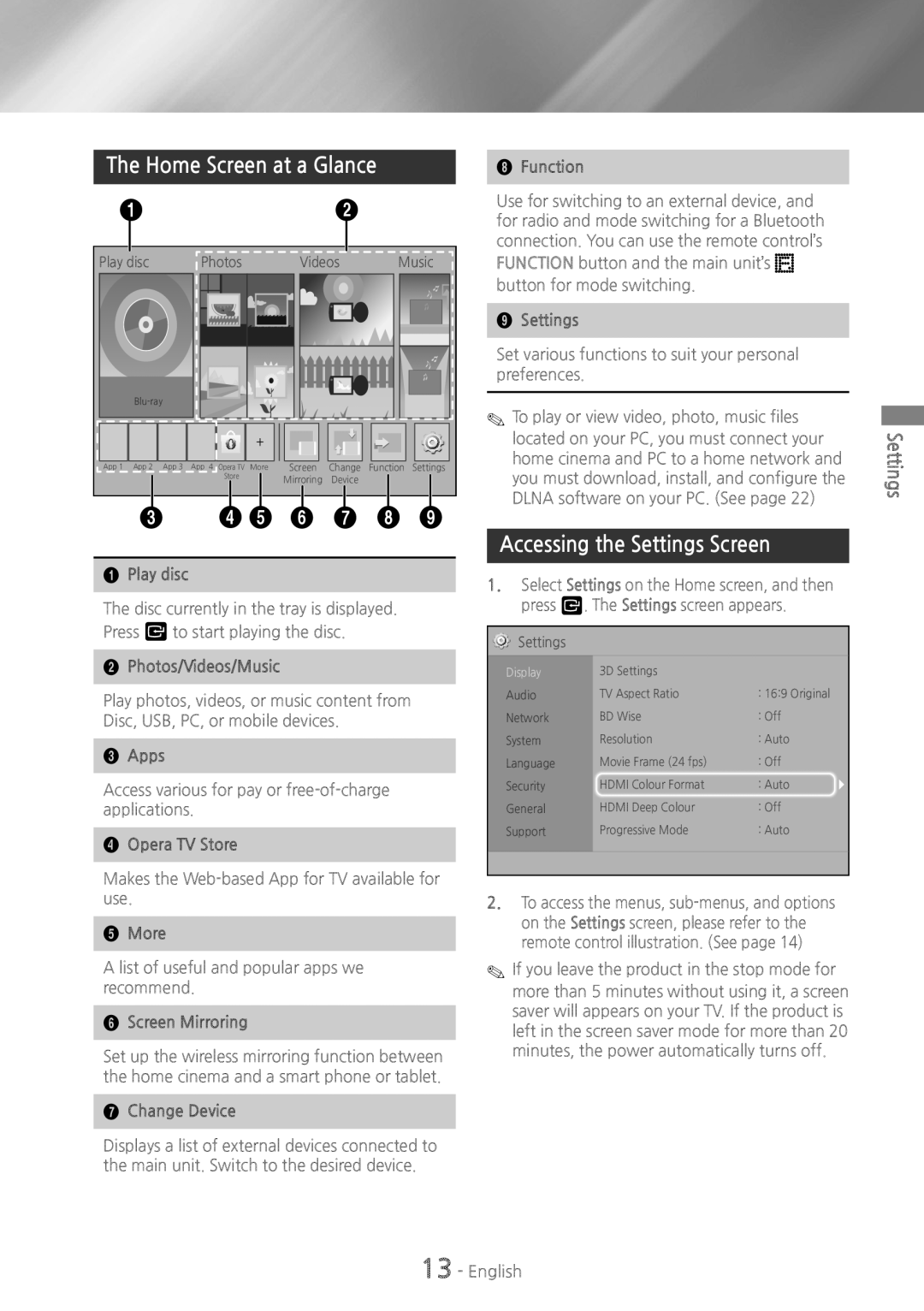 Samsung HT-HS5200, HT-H5200 user manual 3 45 6 7 8, The Home Screen at a Glance, Accessing the Settings Screen 