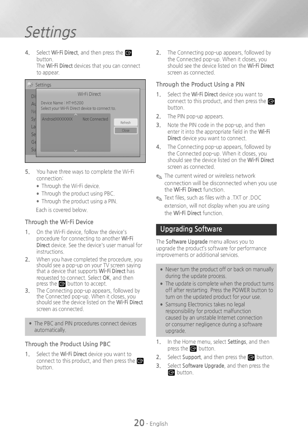 Samsung HT-H5200, HT-HS5200 user manual Upgrading Software, Through the Wi-FiDevice, Through the Product Using PBC, Settings 
