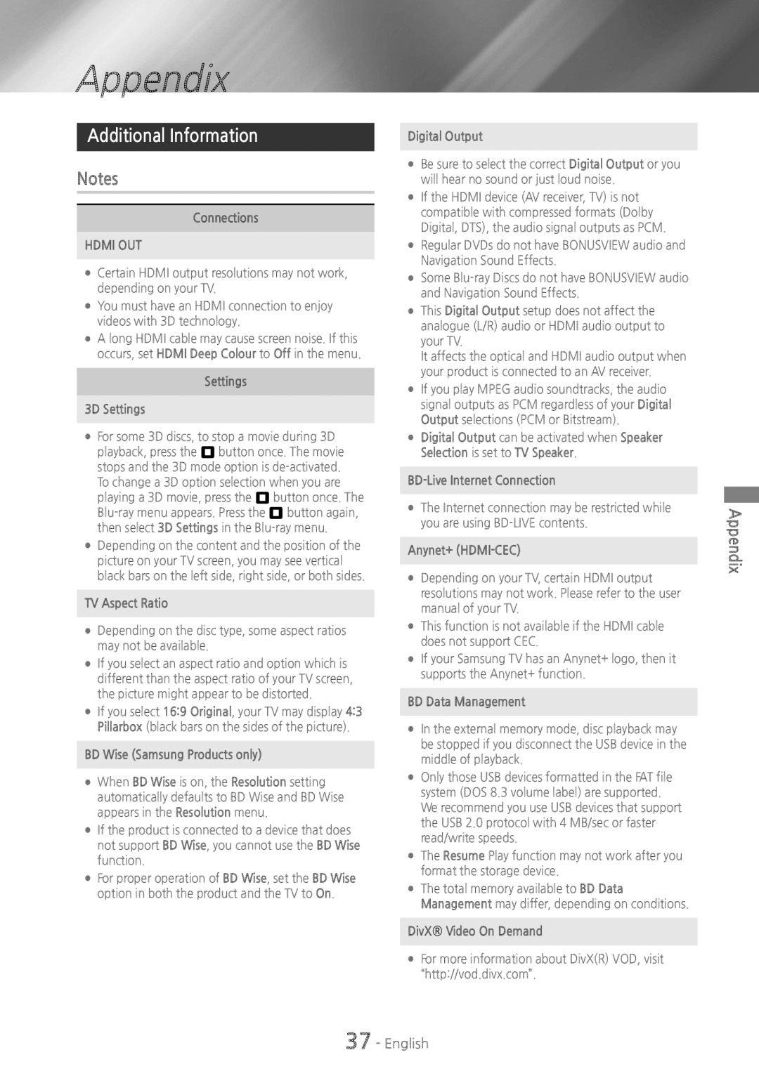 Samsung HT-HS5200, HT-H5200 user manual Appendix, Additional Information, Notes 
