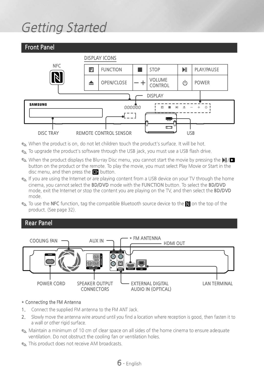 Samsung HT-H5200, HT-HS5200 user manual Front Panel, Rear Panel, Display Icons, Getting Started 