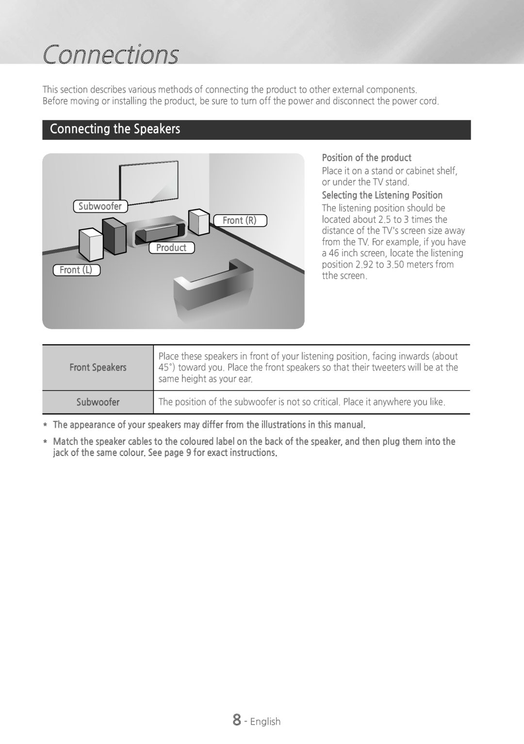 Samsung HT-H5200, HT-HS5200 user manual Connections, Connecting the Speakers 