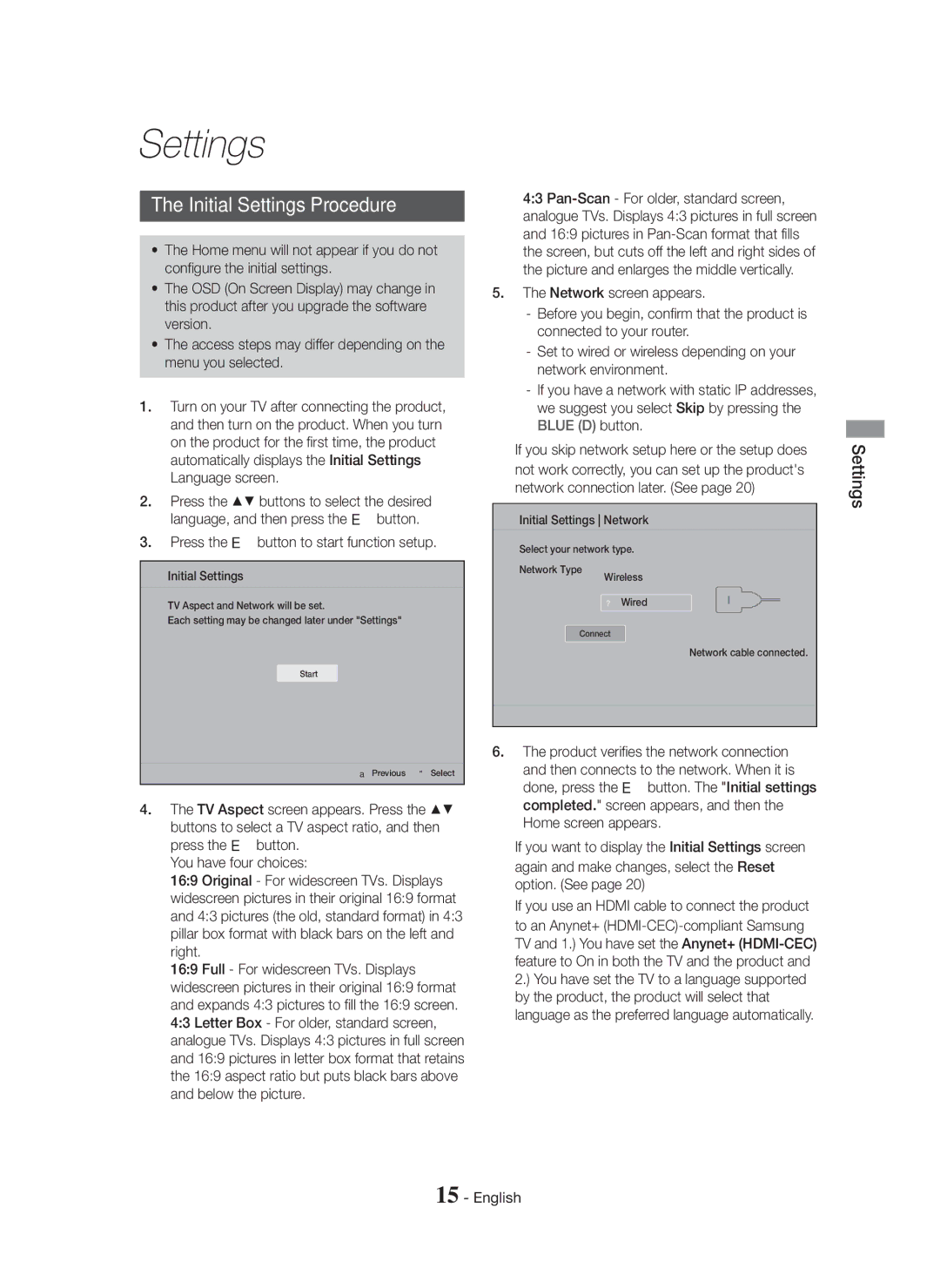 Samsung HT-H5500K/SQ manual Initial Settings Procedure, Press the E button to start function setup 