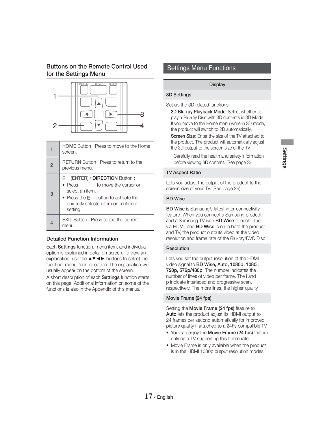 Samsung HT-H5500K/SQ manual Buttons on the Remote Control Used for the Settings Menu, Settings Menu Functions 