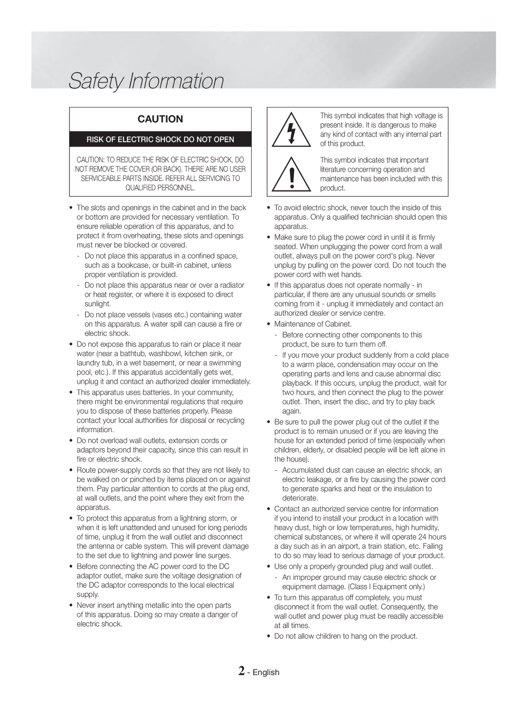 Samsung HT-H5500K/SQ manual Safety Information, English, Use only a properly grounded plug and wall outlet 