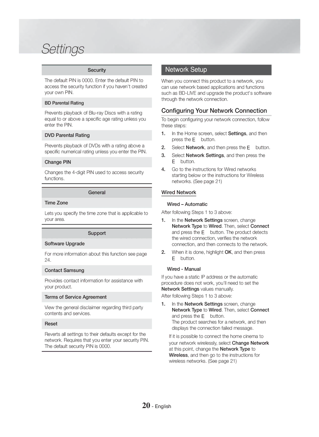 Samsung HT-H5500K/SQ manual Network Setup, Configuring Your Network Connection, Wired Network, BD Parental Rating 