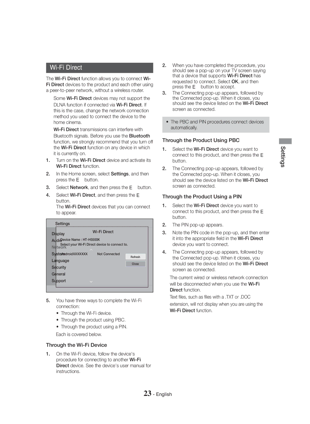 Samsung HT-H5500K/SQ manual Through the Wi-Fi Device, Through the Product Using PBC, Settings Wi-Fi Direct 