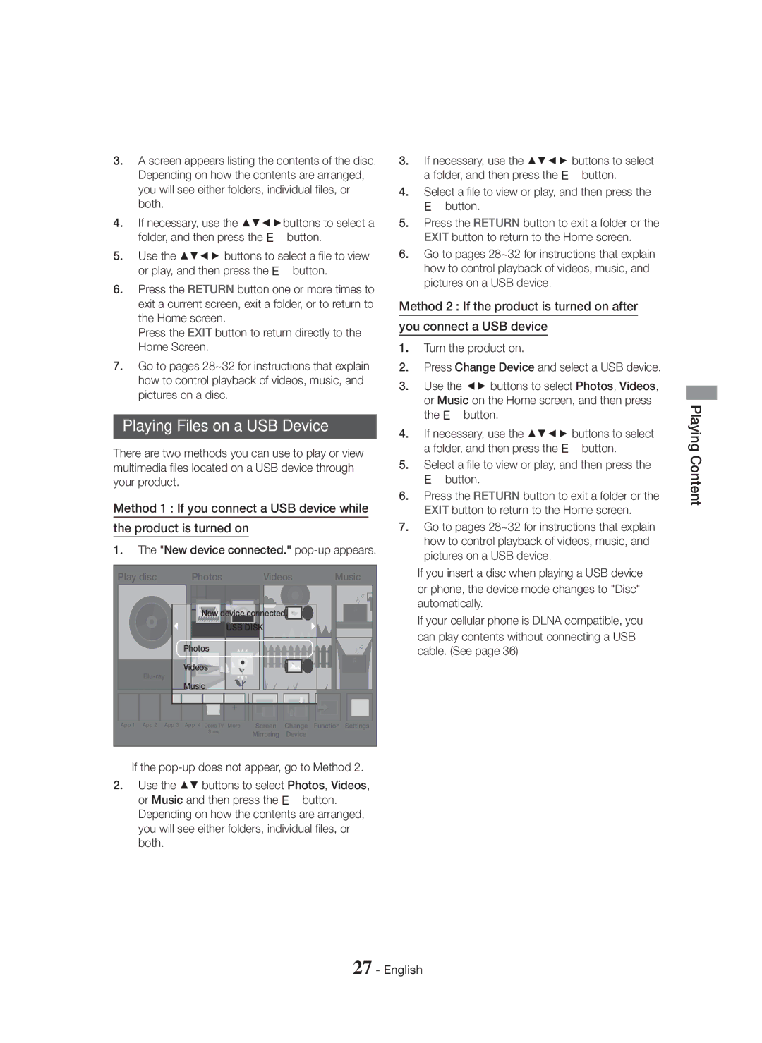 Samsung HT-H5500K/SQ manual Playing Files on a USB Device, Playing Content, New device connected. pop-up appears 