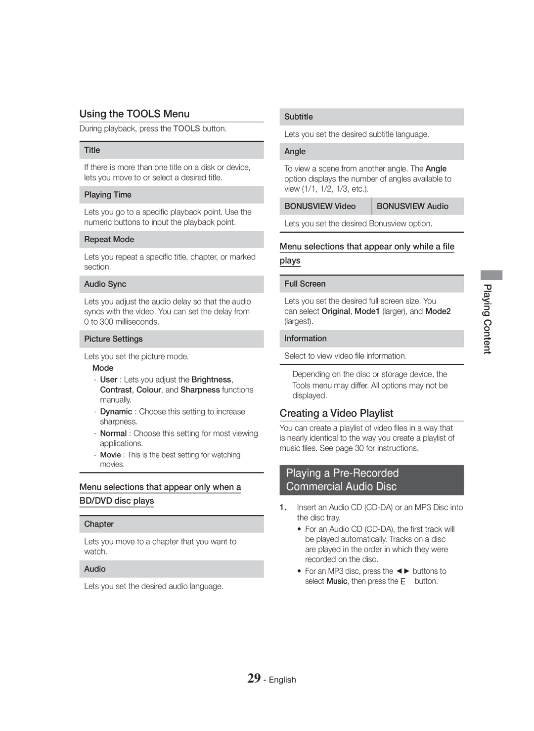 Samsung HT-H5500K/SQ manual Using the Tools Menu, Creating a Video Playlist, Playing a Pre-Recorded Commercial Audio Disc 