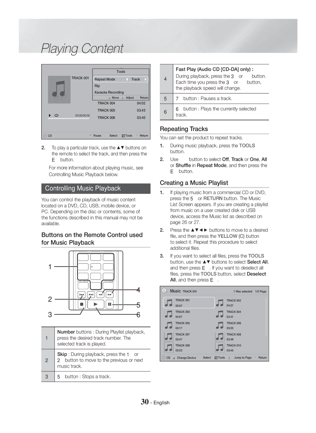 Samsung HT-H5500K/SQ Controlling Music Playback, Buttons on the Remote Control used for Music Playback, Repeating Tracks 