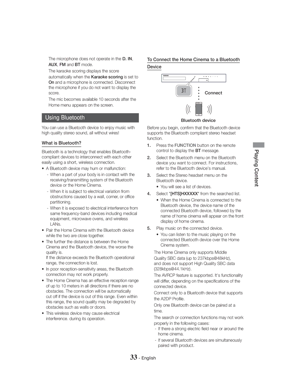 Samsung HT-H5500K/SQ manual Using Bluetooth, What is Bluetooth?, To Connect the Home Cinema to a Bluetooth Device 