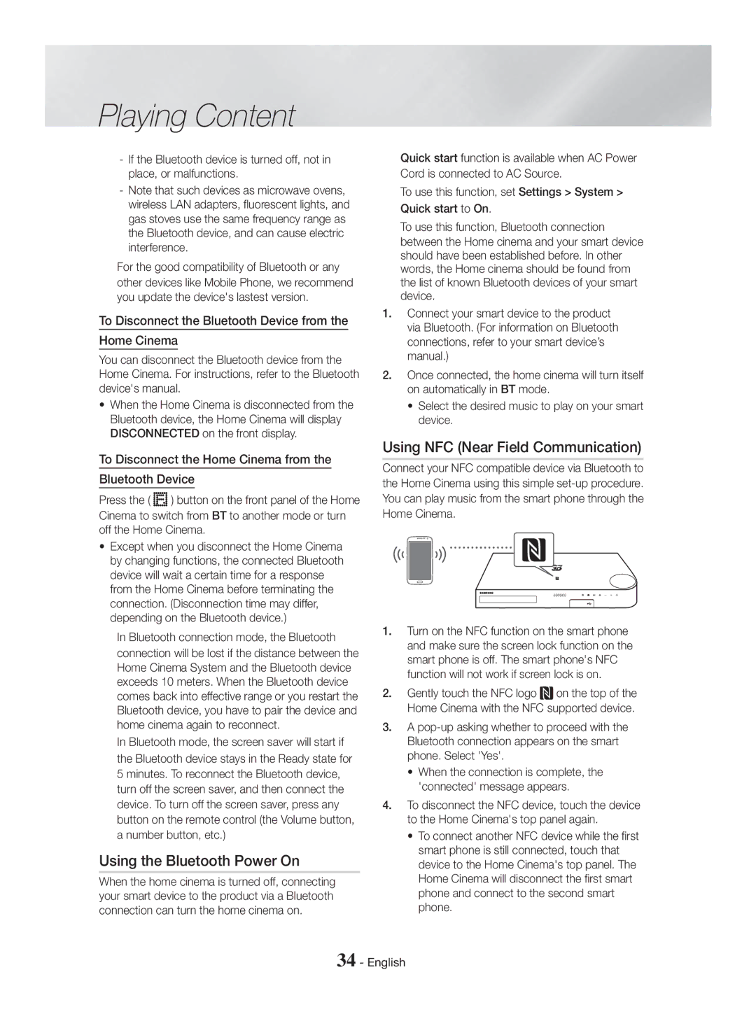 Samsung HT-H5500K/SQ manual Using the Bluetooth Power On, Using NFC Near Field Communication 