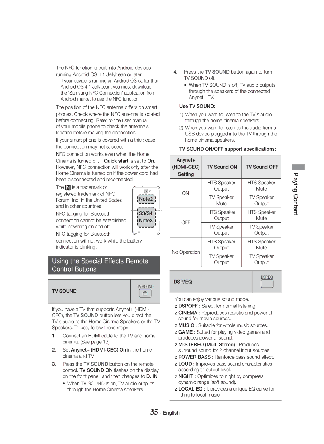 Samsung HT-H5500K/SQ manual Using the Special Effects Remote Control Buttons, NFC tagging for Bluetooth, TV Sound, Dsp/Eq 