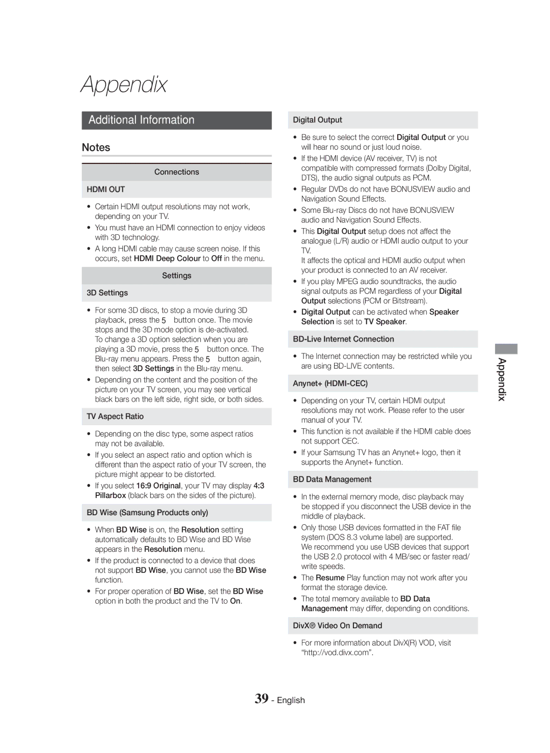 Samsung HT-H5500K/SQ manual Appendix, Additional Information, Hdmi OUT 