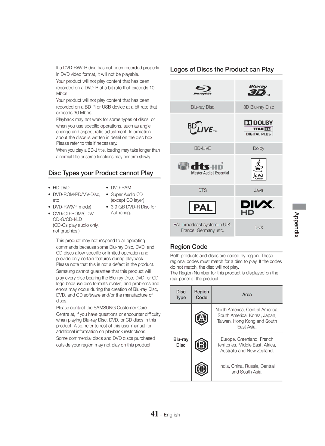 Samsung HT-H5500K/SQ manual Region Code, Bd-Live, Hd Dvd, Dvd-Ram, Dts 