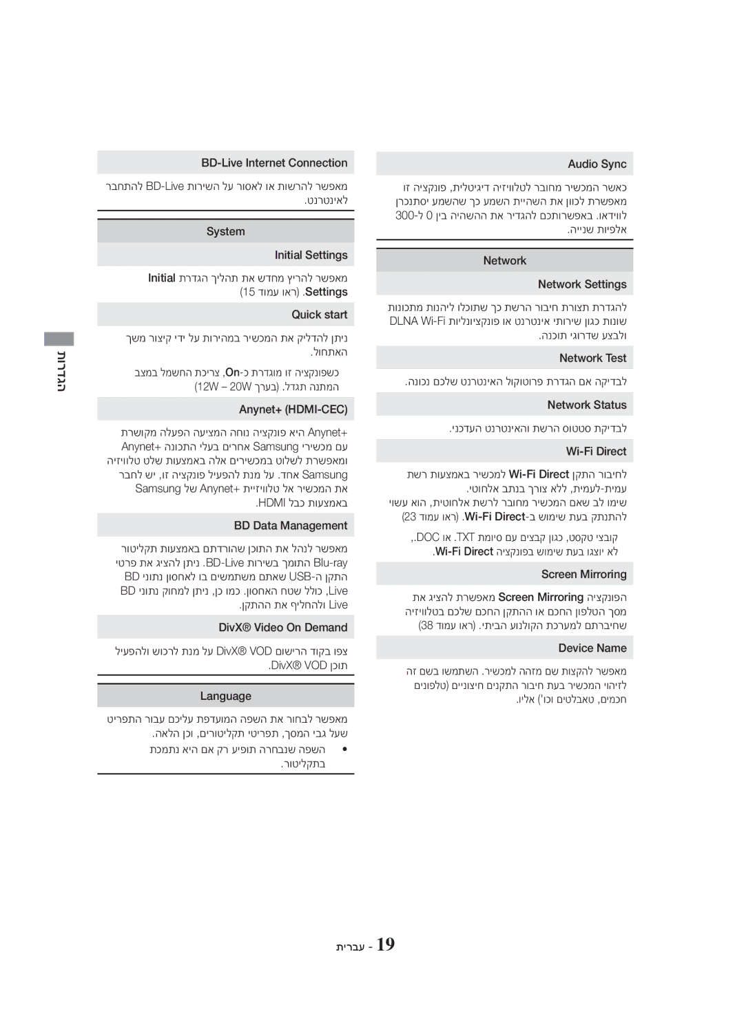 Samsung HT-H5500K/SQ manual Hdmi לבכ תועצמאב BD Data Management, היינש תויפלא Network Network Settings 