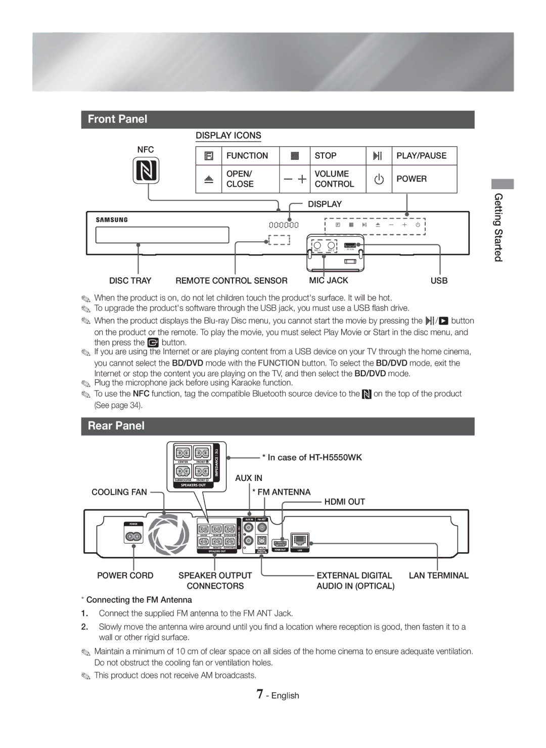 Samsung HT-H5500K/SQ manual Front Panel, Rear Panel 