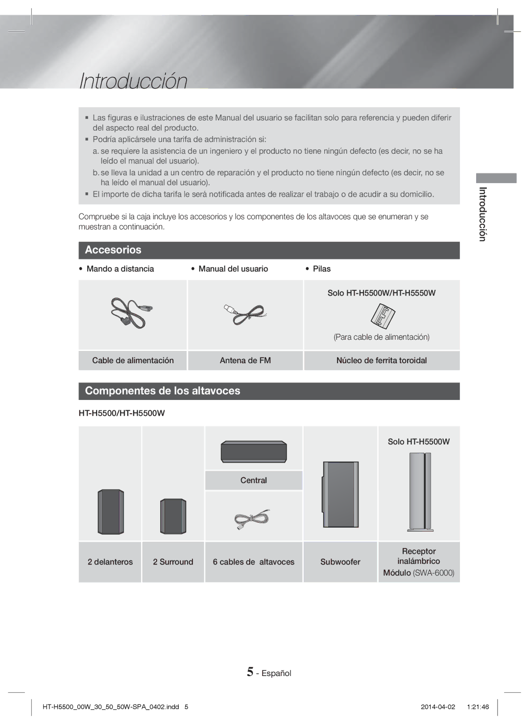 Samsung HT-H5500/EN, HT-H5530/EN, HT-H5550W/EN, HT-H5550/EN manual Introducción, Accesorios, Componentes de los altavoces 