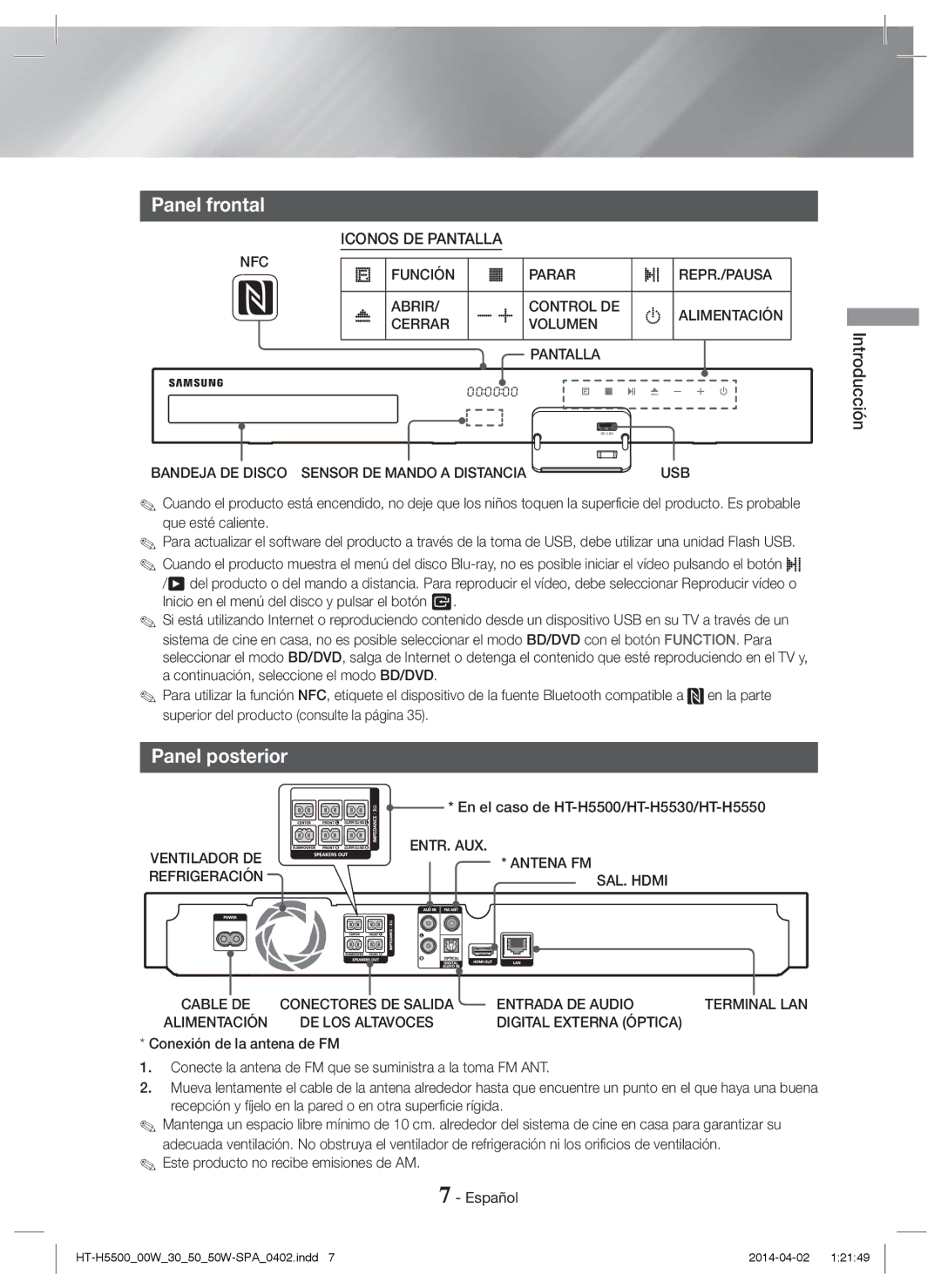 Samsung HT-H5550/EN, HT-H5530/EN manual Panel frontal, Panel posterior, Este producto no recibe emisiones de AM Español 