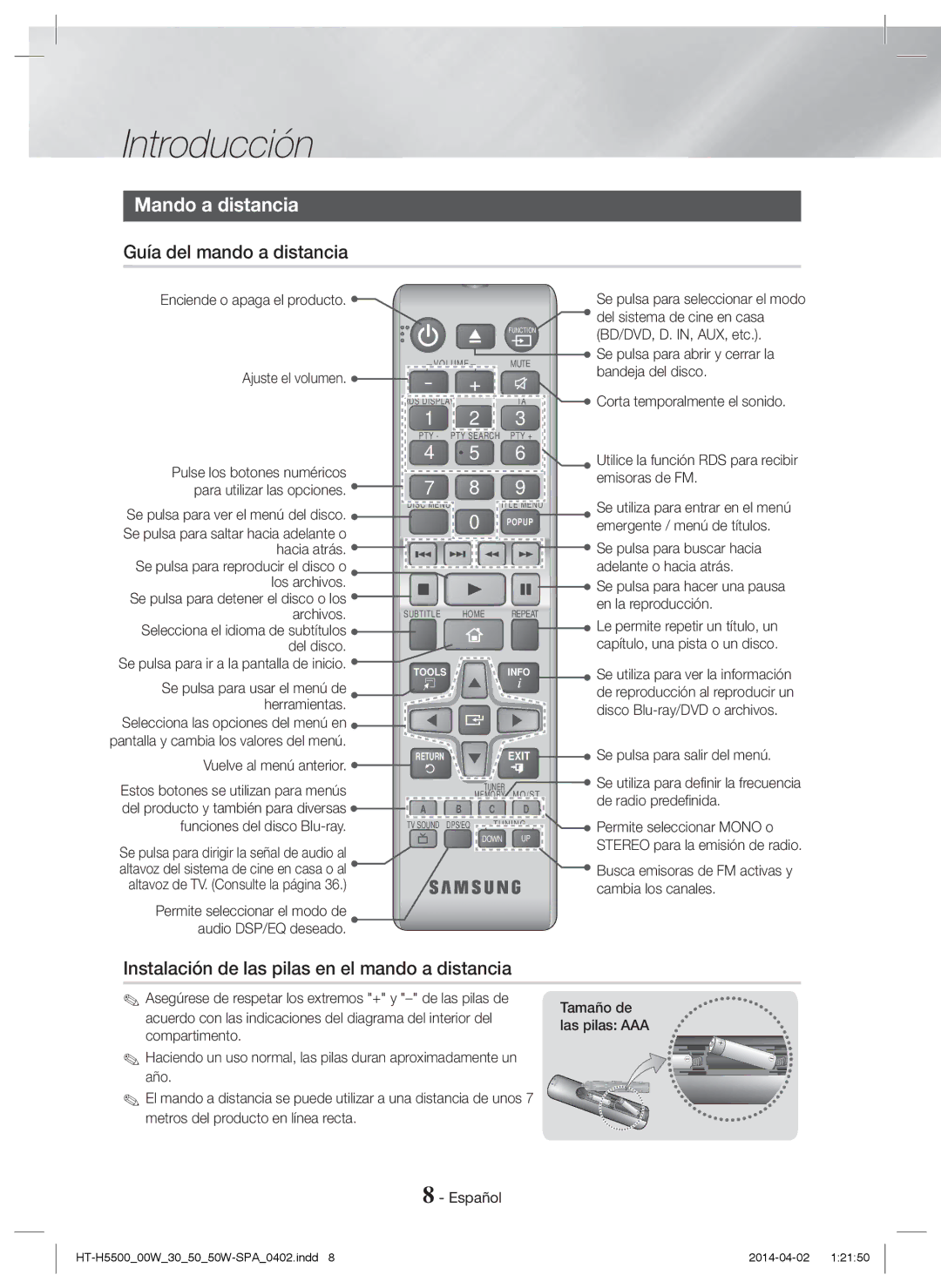 Samsung HT-H5550/ZF manual Mando a distancia, Guía del mando a distancia, Instalación de las pilas en el mando a distancia 