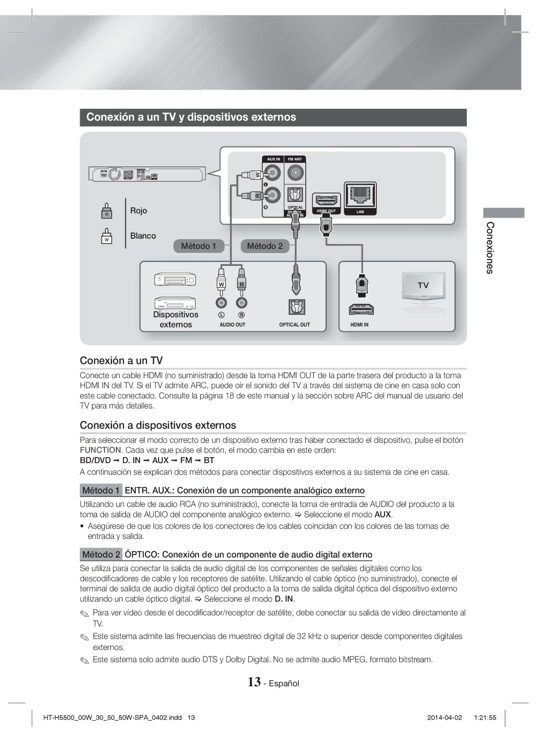 Samsung HT-H5530/EN manual Conexión a un TV y dispositivos externos, Conexión a dispositivos externos, Blanco, Dispositivos 