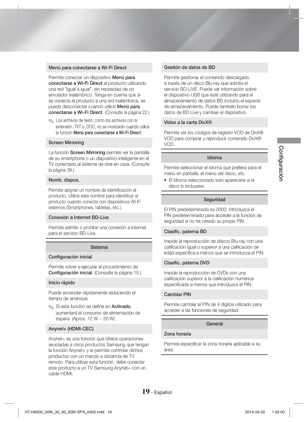 Samsung HT-H5500W/ZF manual Menú para conectarse a Wi-Fi Direct, Gestión de datos de BD, Clasific. paterna BD, Cambiar PIN 