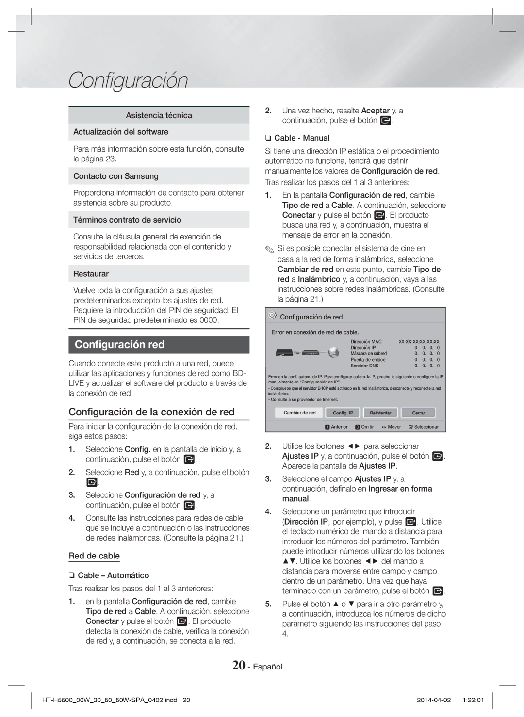 Samsung HT-H5530/ZF, HT-H5530/EN manual Configuración red, Configuración de la conexión de red, Red de cable, Cable Manual 