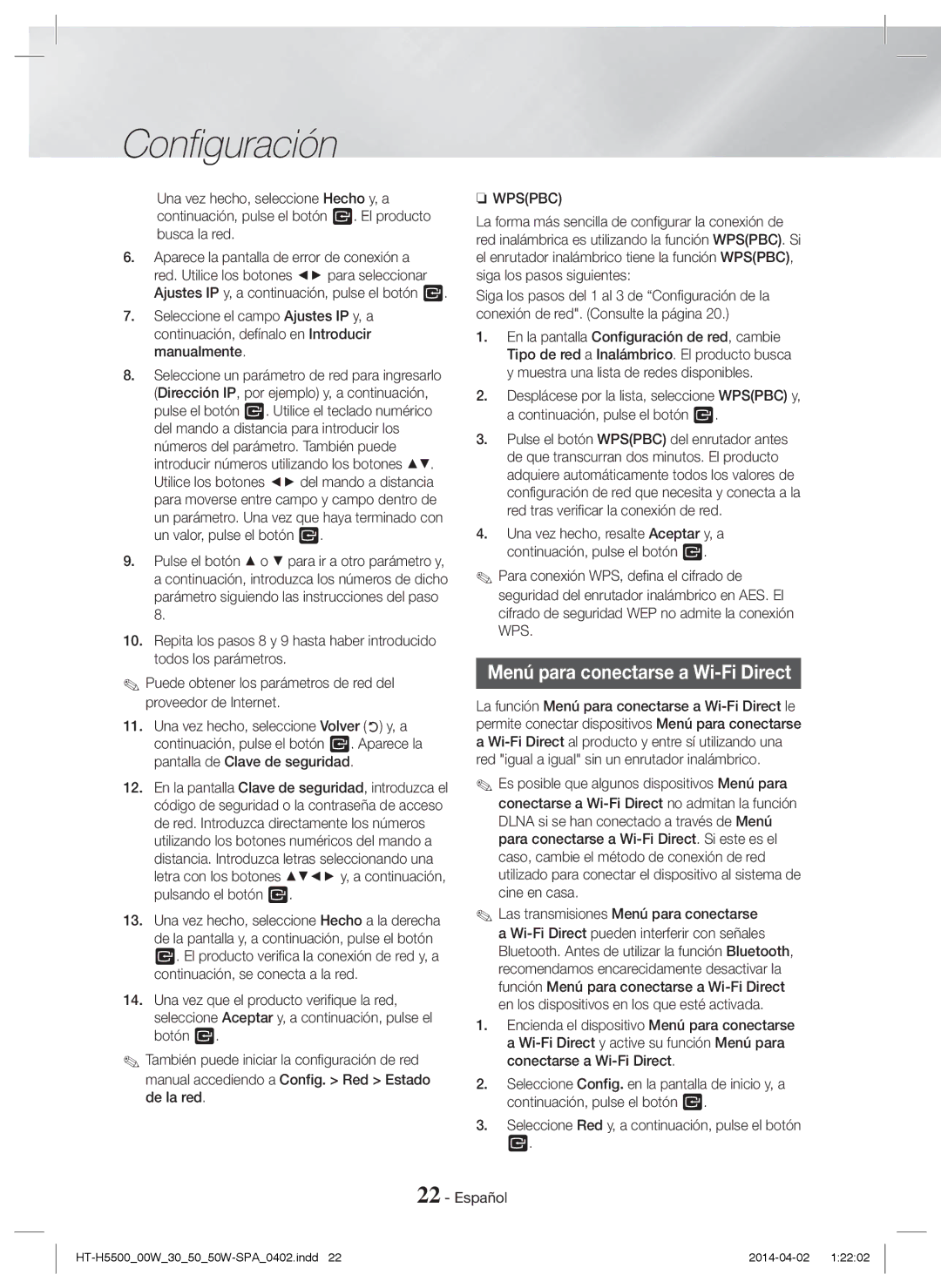 Samsung HT-H5530/EN manual Menú para conectarse a Wi-Fi Direct, Seleccione Red y, a continuación, pulse el botón Español 