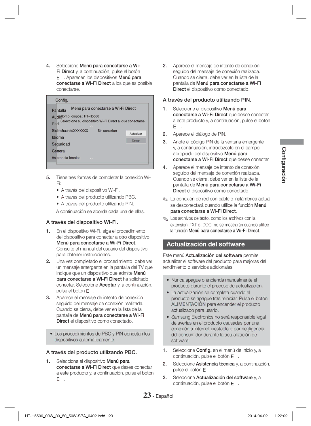 Samsung HT-H5500/EN manual Actualización del software, Través del producto utilizando PIN, Través del dispositivo Wi-Fi 