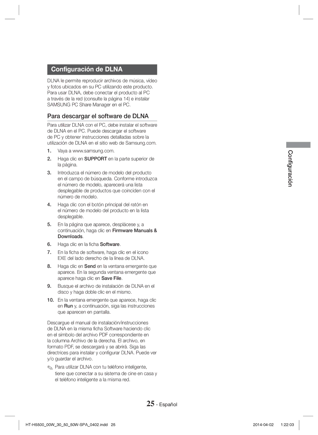 Samsung HT-H5550/EN, HT-H5530/EN, HT-H5500/EN, HT-H5550W/EN manual Configuración de Dlna, Para descargar el software de Dlna 