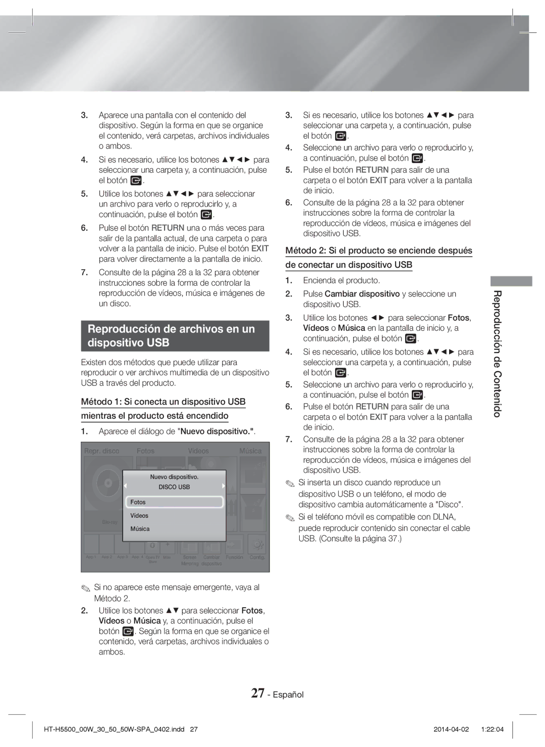 Samsung HT-H5500/ZF, HT-H5530/EN, HT-H5500/EN Reproducción de archivos en un Dispositivo USB, Reproducción de Contenido 