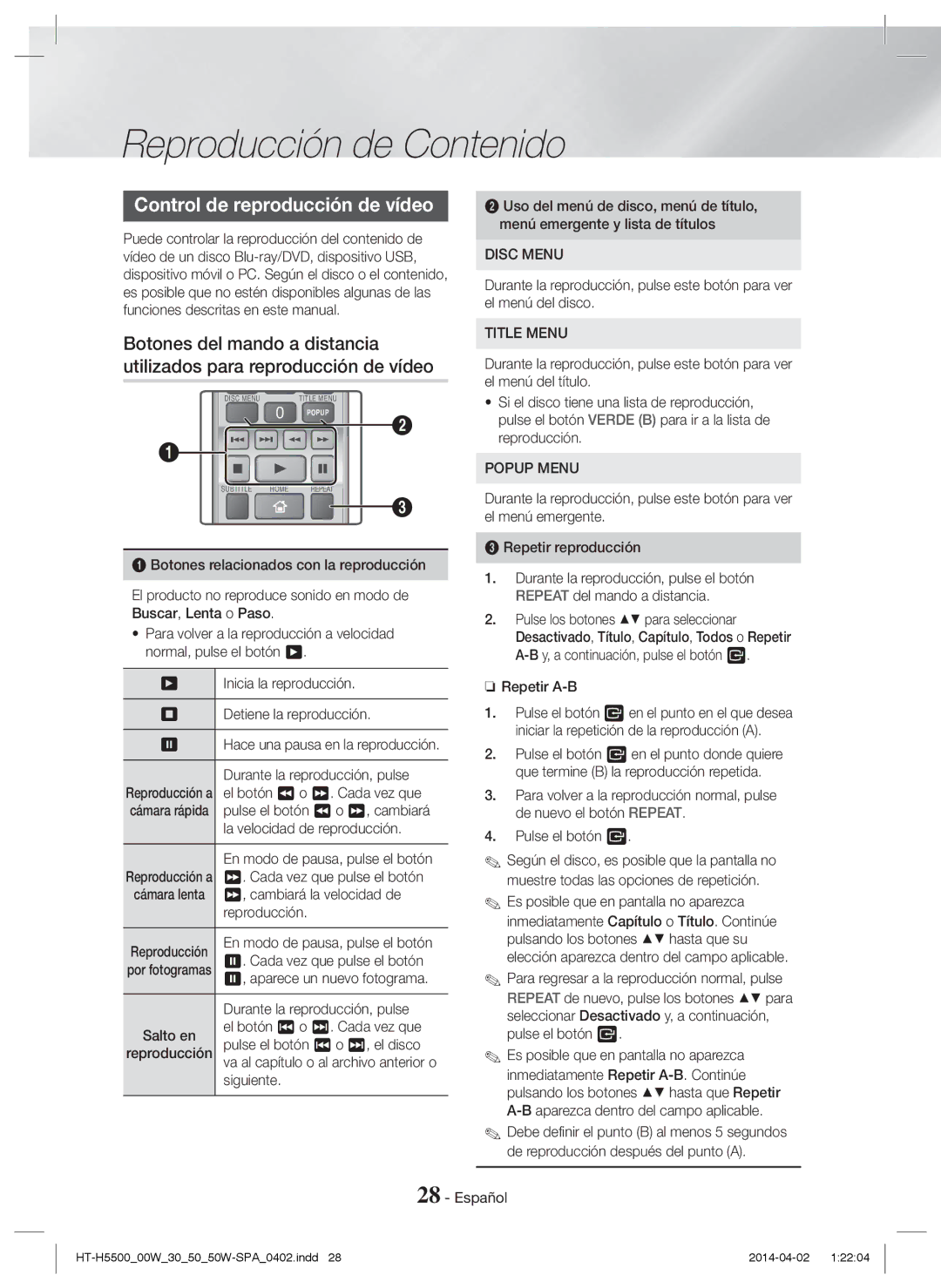 Samsung HT-H5500W/ZF, HT-H5530/EN, HT-H5500/EN, HT-H5550W/EN, HT-H5550/EN, HT-H5550/ZF manual Control de reproducción de vídeo 