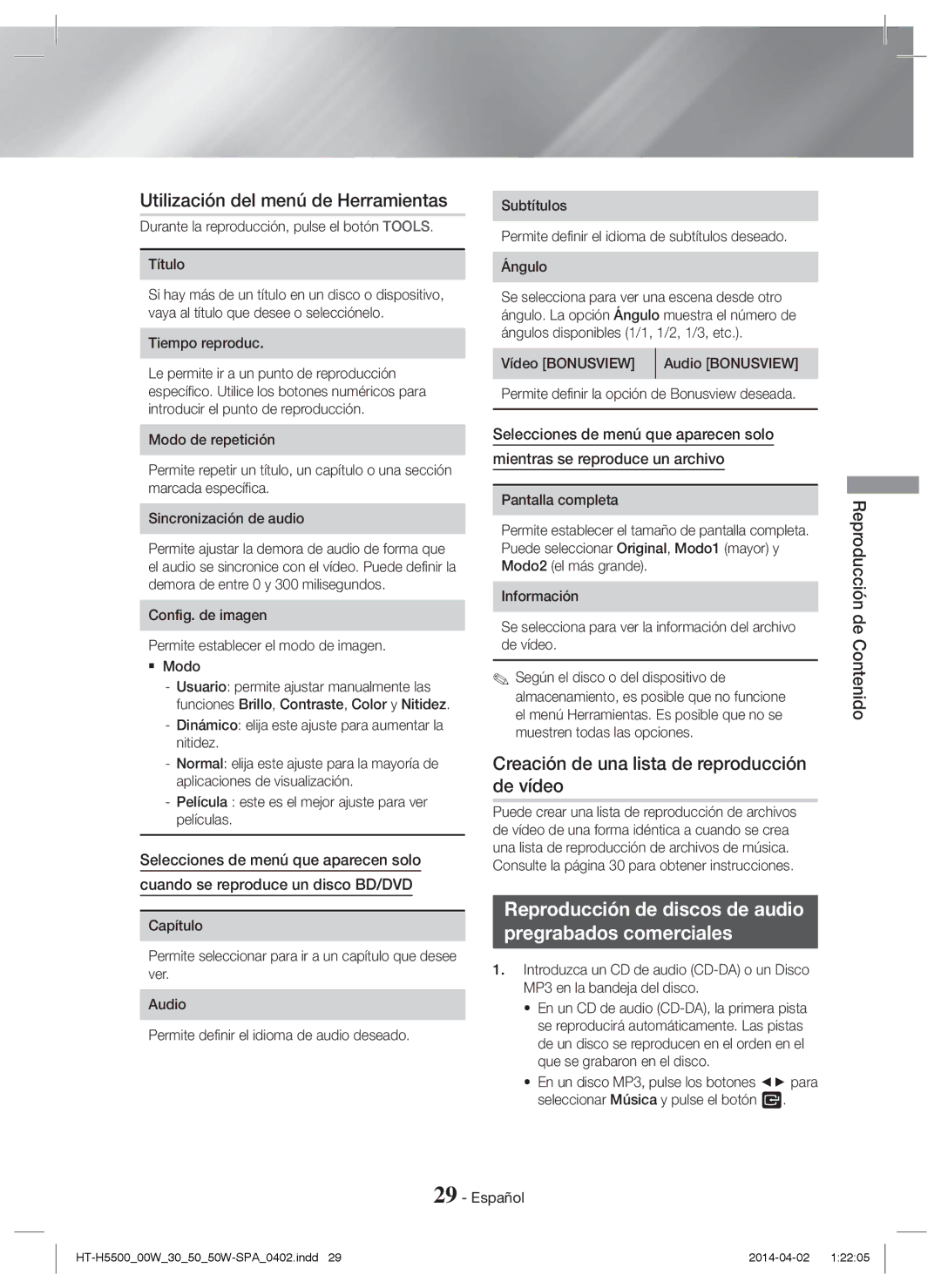 Samsung HT-H5530/ZF, HT-H5530/EN manual Utilización del menú de Herramientas, Creación de una lista de reproducción de vídeo 