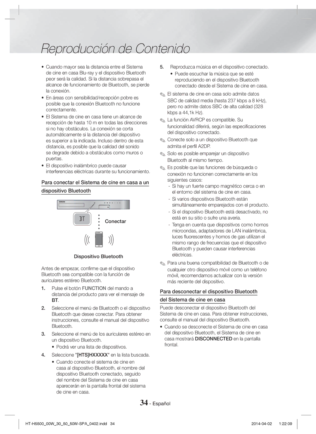 Samsung HT-H5550/EN, HT-H5530/EN, HT-H5500/EN Conectar Dispositivo Bluetooth, Reproduzca música en el dispositivo conectado 