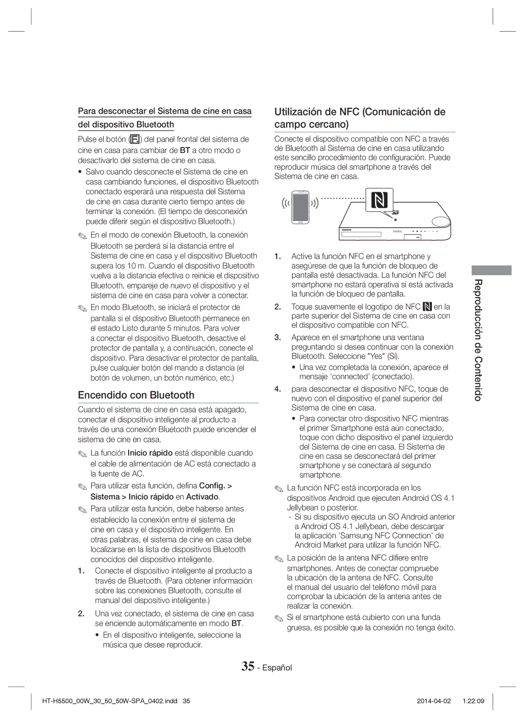 Samsung HT-H5550/ZF, HT-H5530/EN, HT-H5500/EN Encendido con Bluetooth, Utilización de NFC Comunicación de campo cercano 