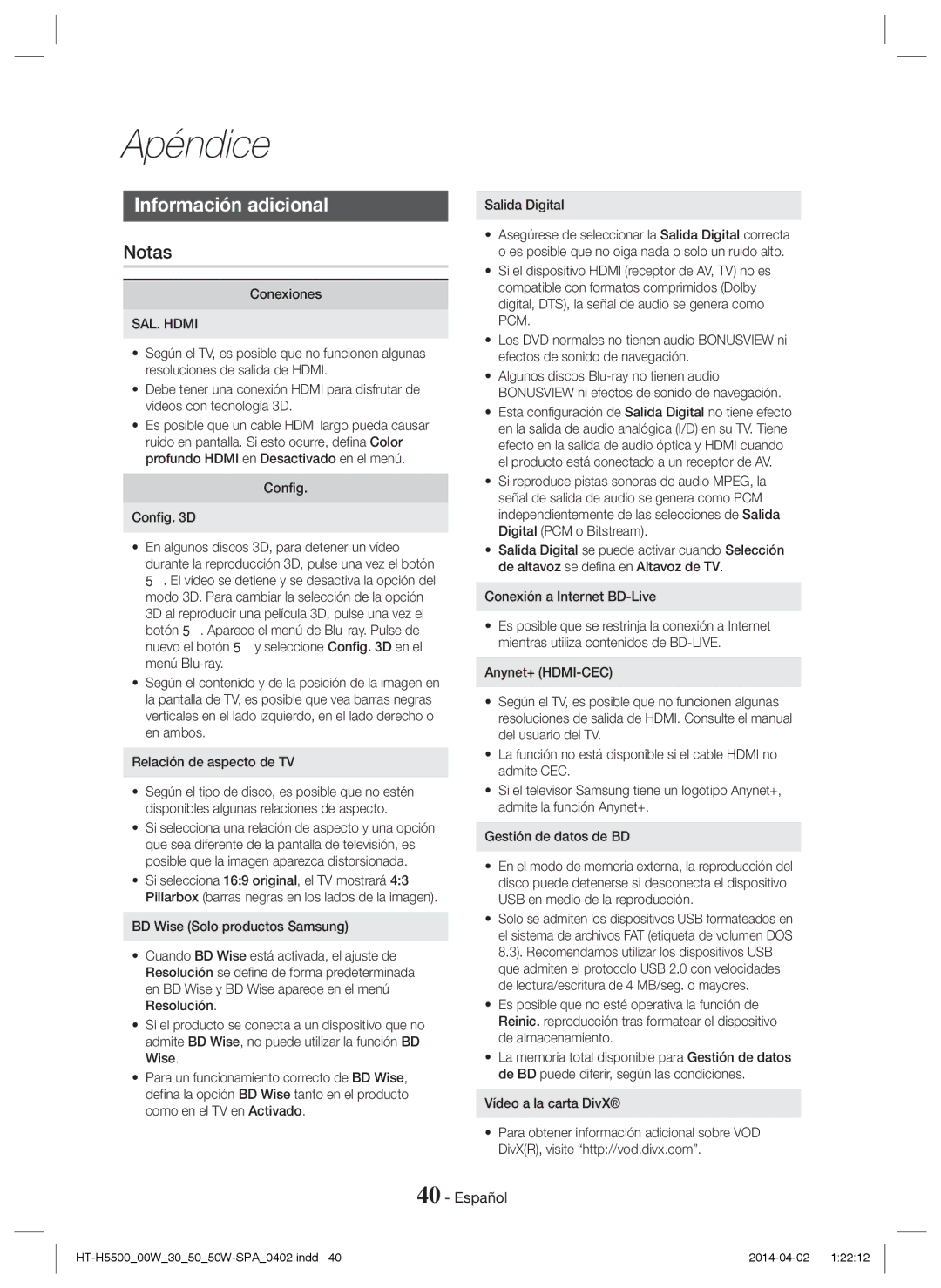 Samsung HT-H5530/EN, HT-H5500/EN, HT-H5550W/EN, HT-H5550/EN, HT-H5550/ZF Apéndice, Información adicional, Notas, SAL. Hdmi 