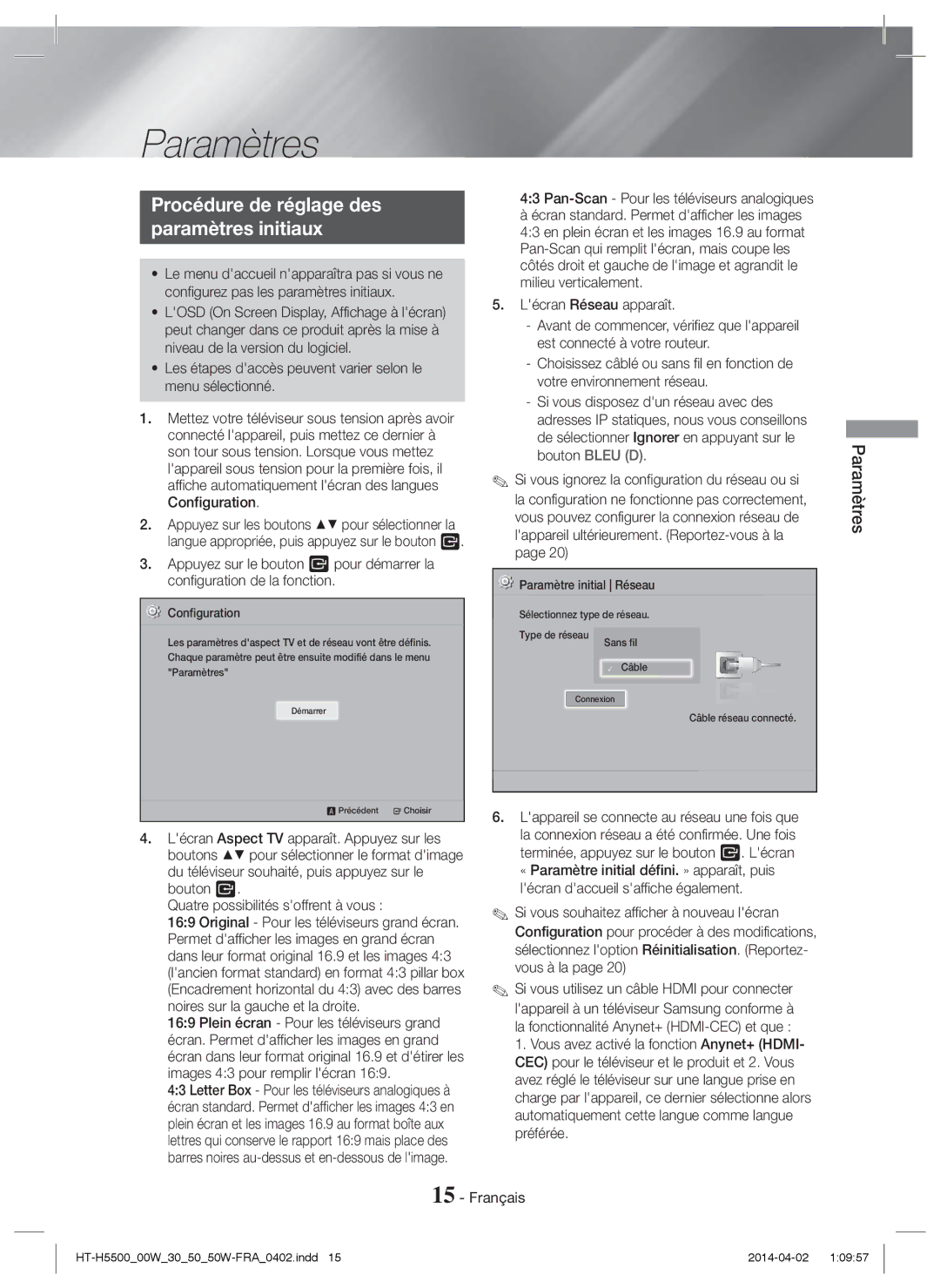 Samsung HT-H5500W/ZF manual Procédure de réglage des Paramètres initiaux, Pan-Scan Pour les téléviseurs analogiques 